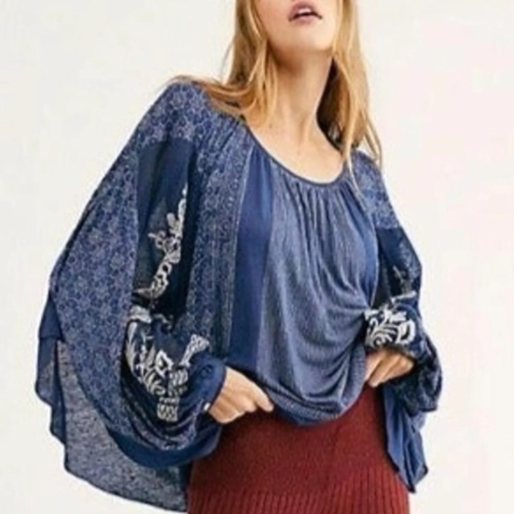 Free People Indigo Dreams Embroidered Patchwork Tunic NWT Oversized Boho Size M